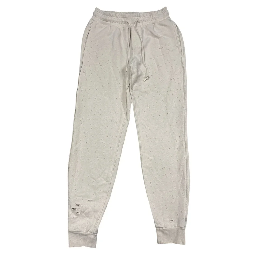 Alo Yoga Fierce Joggers Womens Small Ivory Distressed Ripped Fleece Athleisure